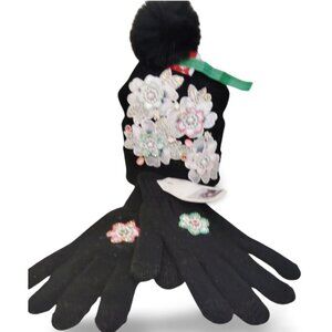 Luxe Black Knit Floral Embroidered Pink Crystal Beanie & Glove Set TT1524